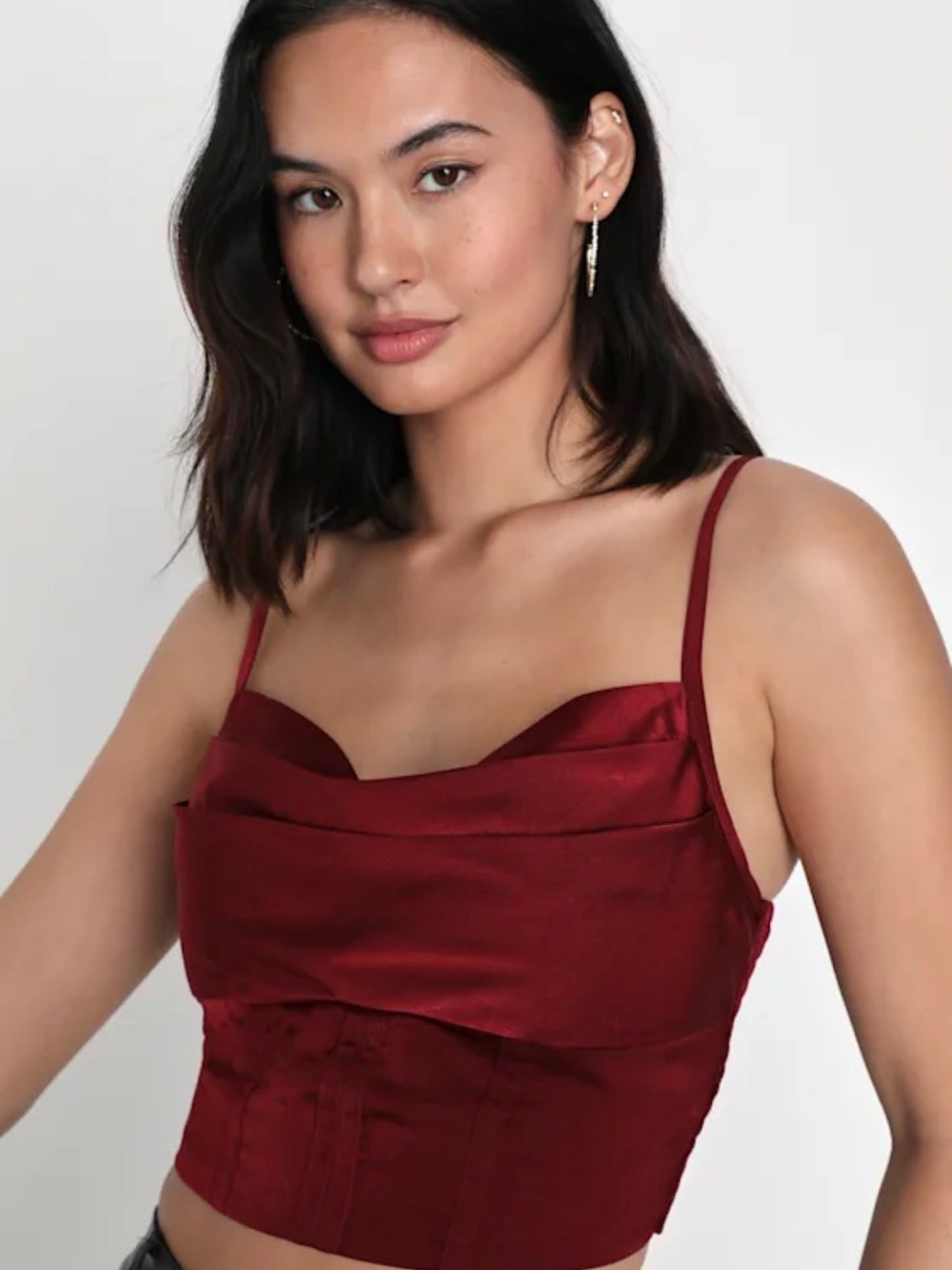 Lulu’s Flirty Spell Burgundy Satin Cowl Neck Bustier Crop Top Size Small